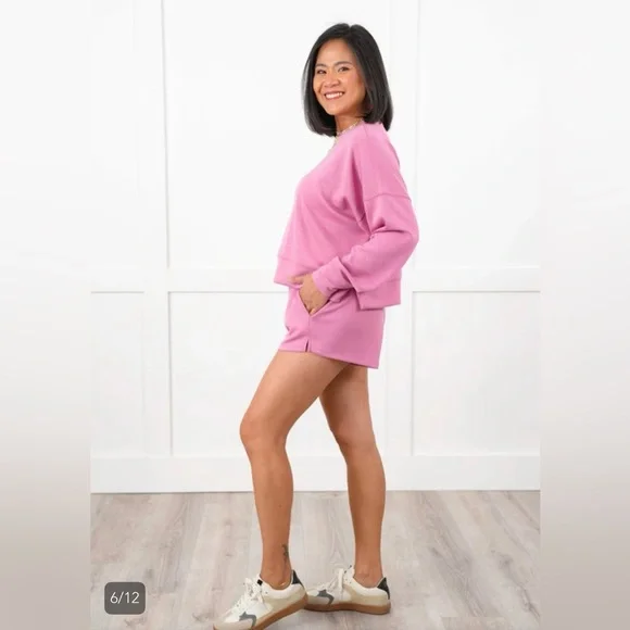 💗ZENANA• Pink Scuba Long Sleeve Scoop Neck Sweater and Shorts Set - Picture 2 of 8
